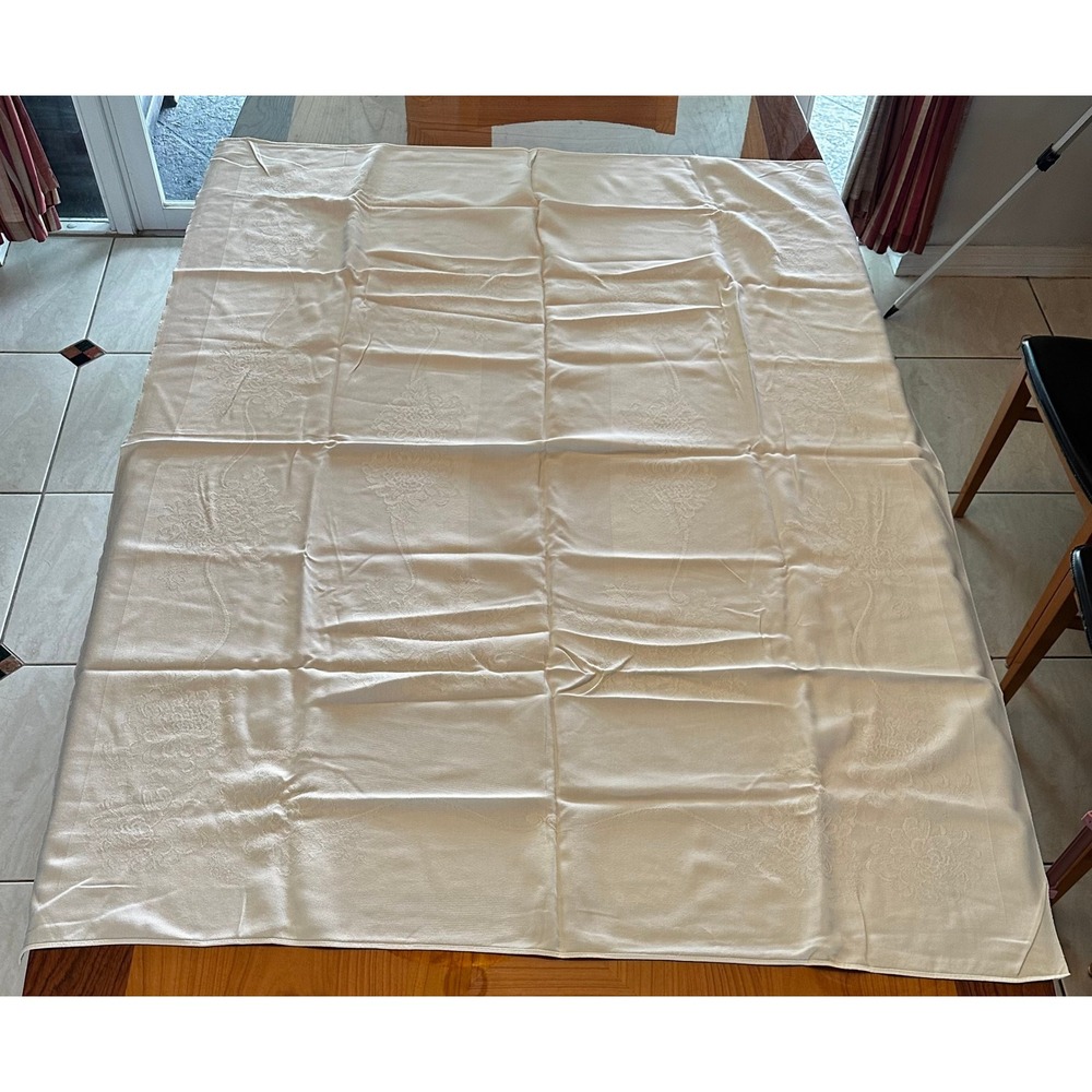 Vintage Off White Damask Floral‎ Tablecloth Rectangular Cream Jacquard